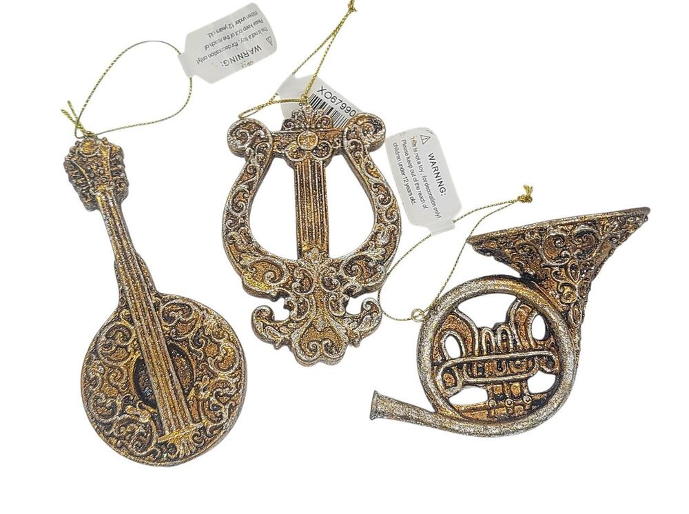 Set Of 3 Musical Instrument Christmas Tree Ornaments Gold Tone Tags 4" - 5" CL71